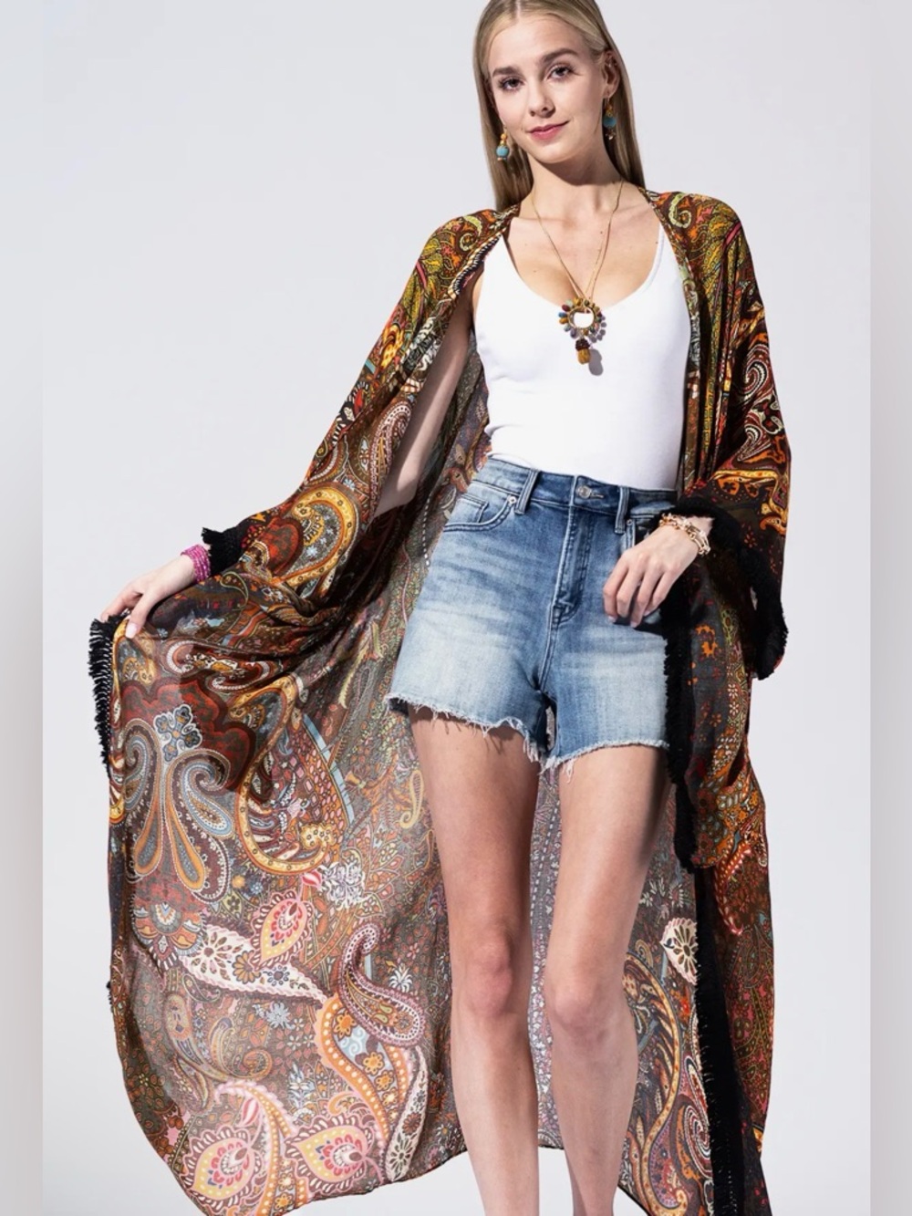 Golden Ochre Tassel Boho Paisley Kimono
